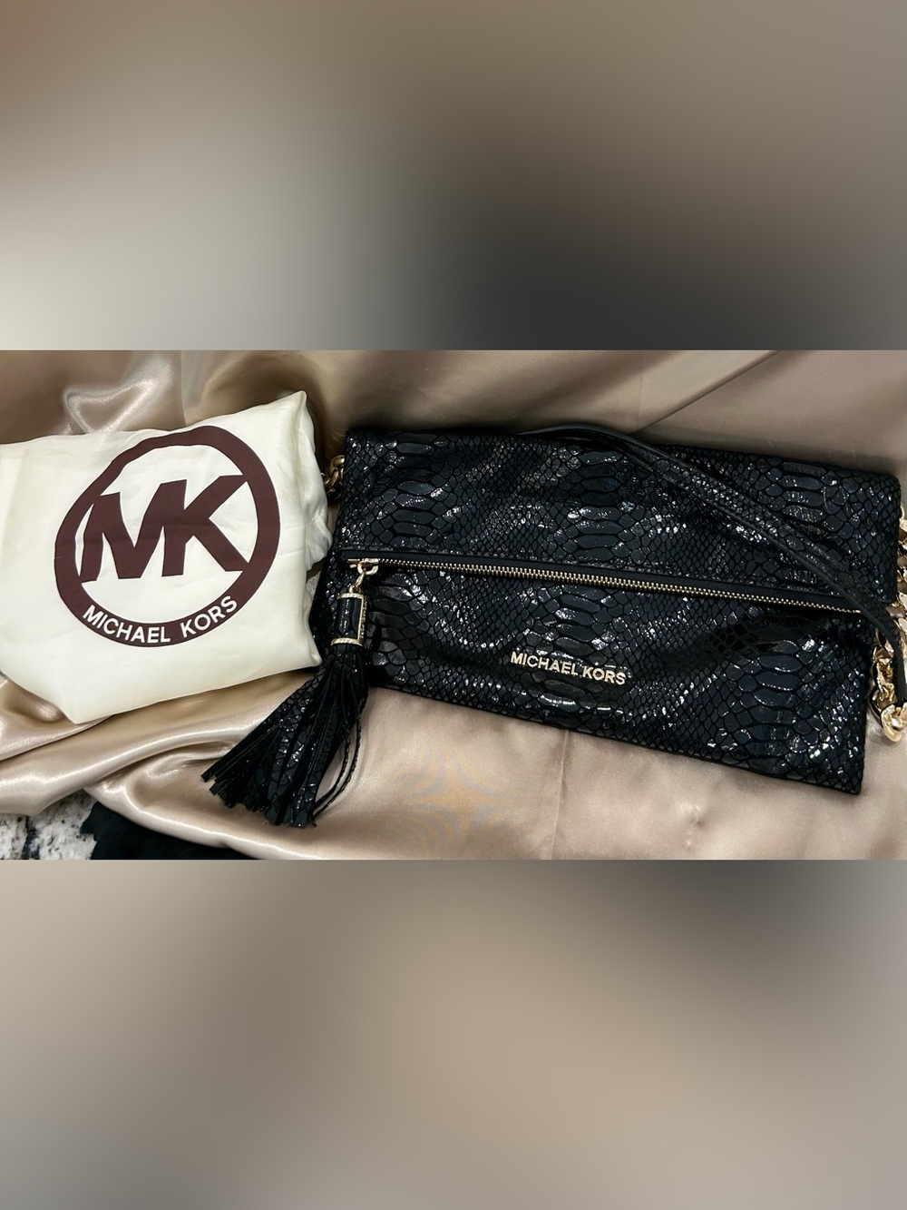 Michael Kors Black Snake-Embossed Tassel Crossbody/Clutch